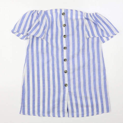 Shein  Womens Blue Striped Cotton Basic Button-Up Size M Boat Neck