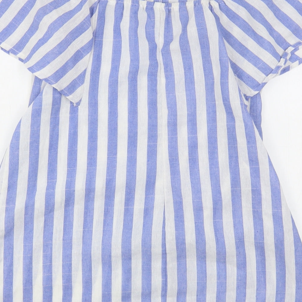 Shein  Womens Blue Striped Cotton Basic Button-Up Size M Boat Neck