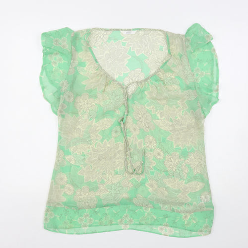 Marks and Spencer Womens Green Floral Polyester Basic Blouse Size 14 Round Neck