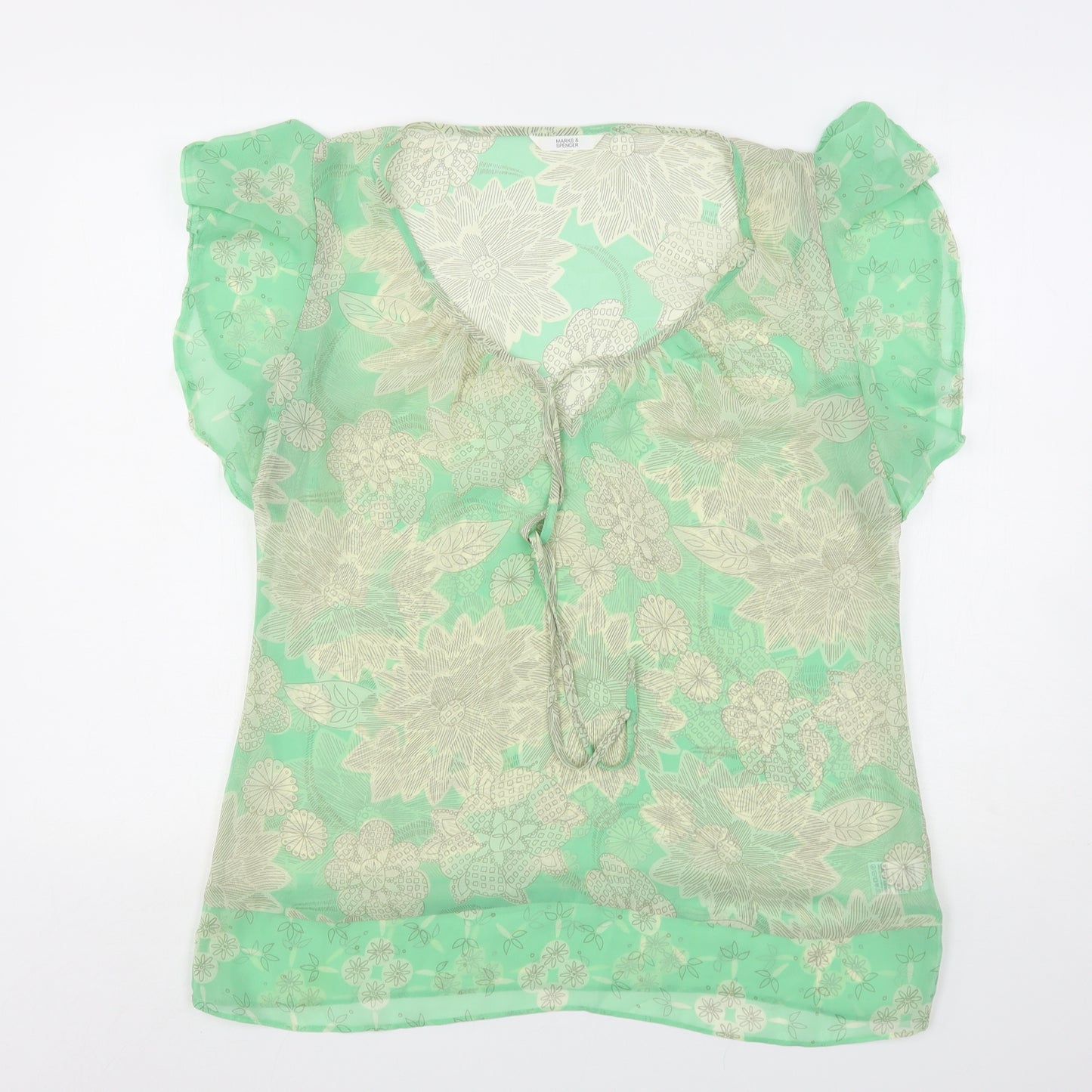 Marks and Spencer Womens Green Floral Polyester Basic Blouse Size 14 Round Neck