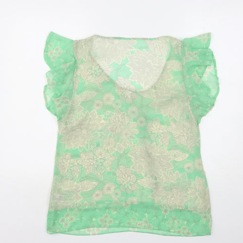 Marks and Spencer Womens Green Floral Polyester Basic Blouse Size 14 Round Neck