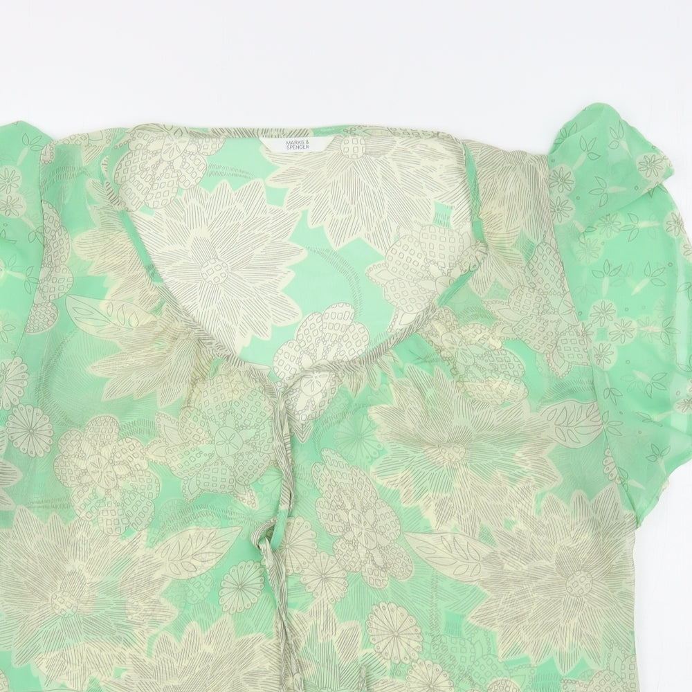 Marks and Spencer Womens Green Floral Polyester Basic Blouse Size 14 Round Neck
