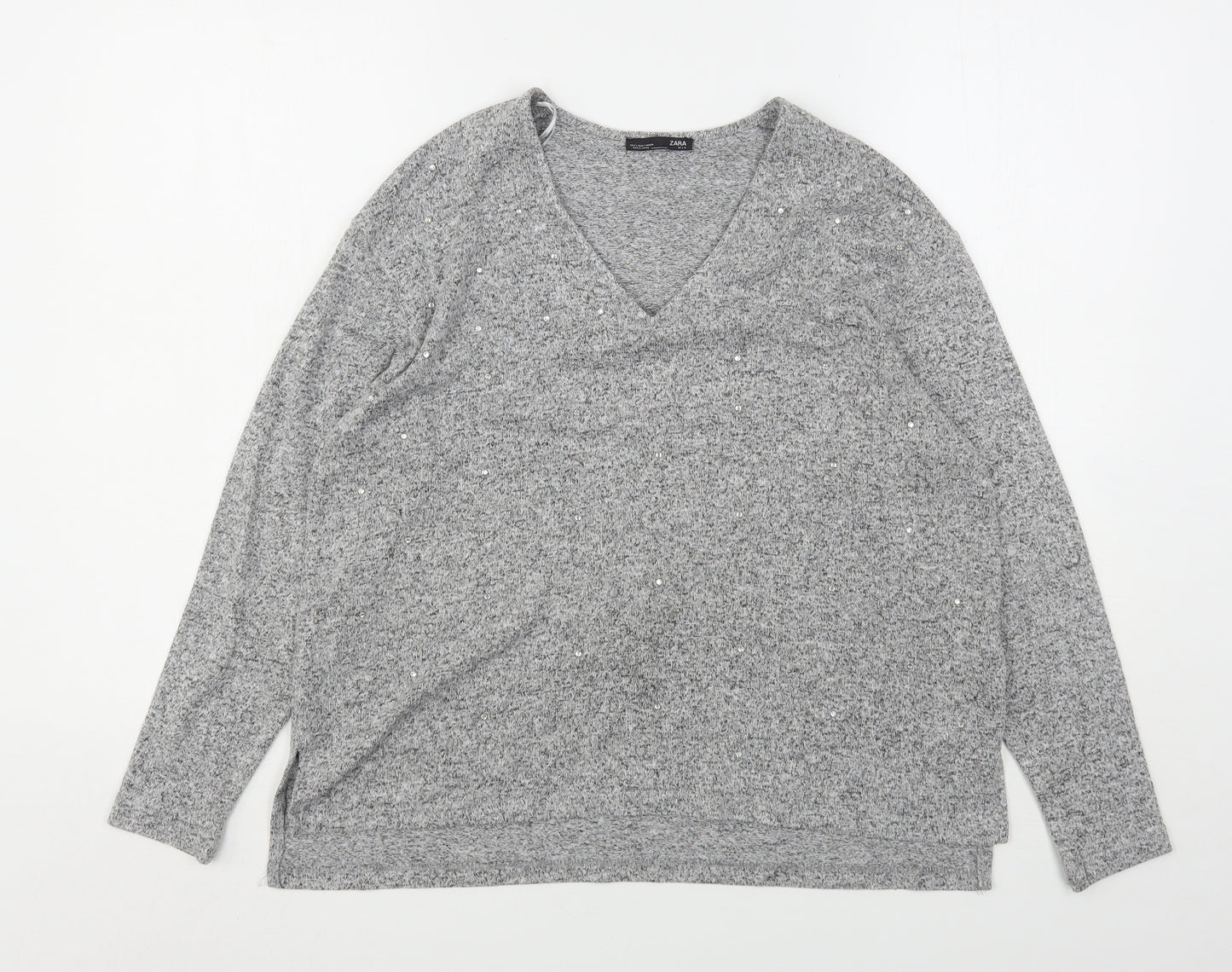 Zara Womens Grey V-Neck  Viscose Pullover Jumper Size S