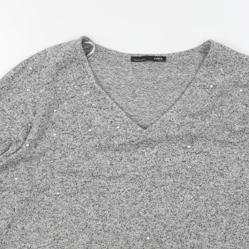 Zara Womens Grey V-Neck  Viscose Pullover Jumper Size S