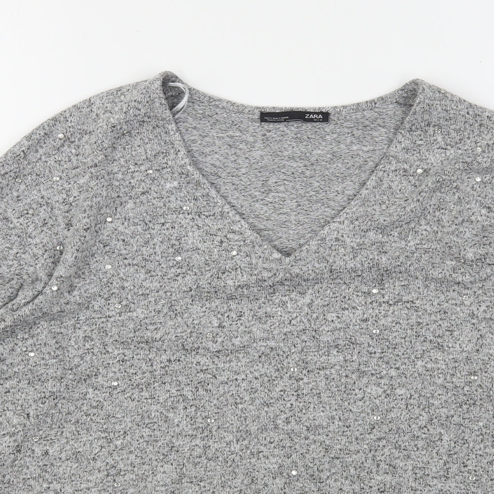 Zara Womens Grey V-Neck  Viscose Pullover Jumper Size S
