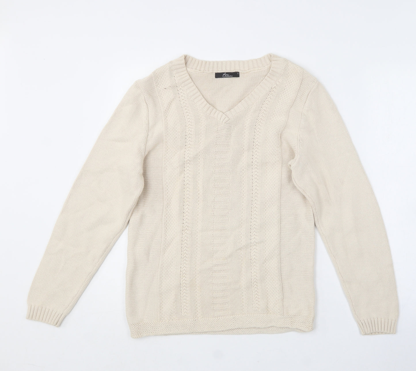 BM collection Womens Beige V-Neck  Cotton Pullover Jumper Size S