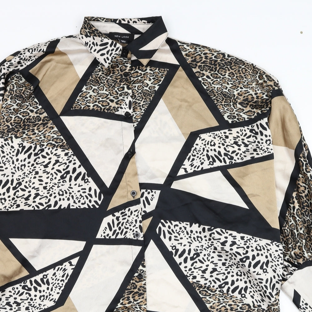 New Look Womens Brown Animal Print Polyester Basic Button-Up Size 8 Collared