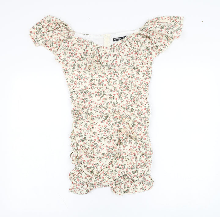 Nasty Gal Womens Beige Floral Polyester Pencil Dress  Size 8  Off the Shoulder Zip