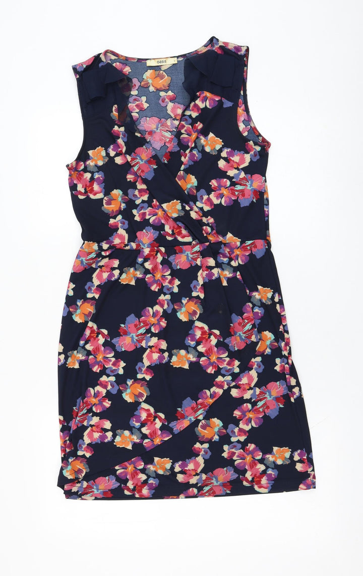 Oasis Womens Blue Floral Polyester Shift Size S V-Neck Pullover