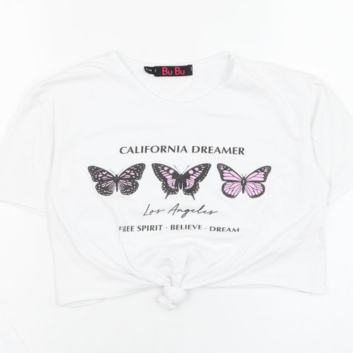 Bu Bu Womens White  Cotton Cropped T-Shirt Size S Round Neck - Butterfly