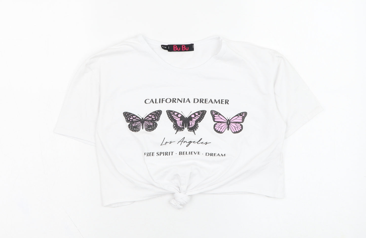 Bu Bu Womens White  Cotton Cropped T-Shirt Size S Round Neck - Butterfly