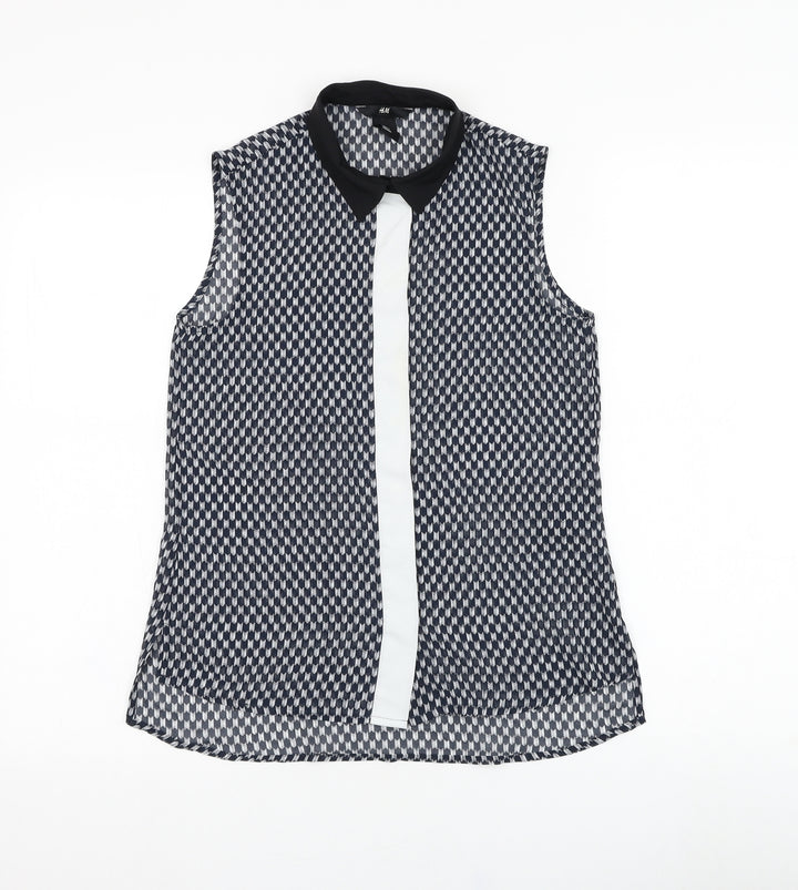 H&M Womens Blue Geometric Polyester Basic Blouse Size 4 Collared