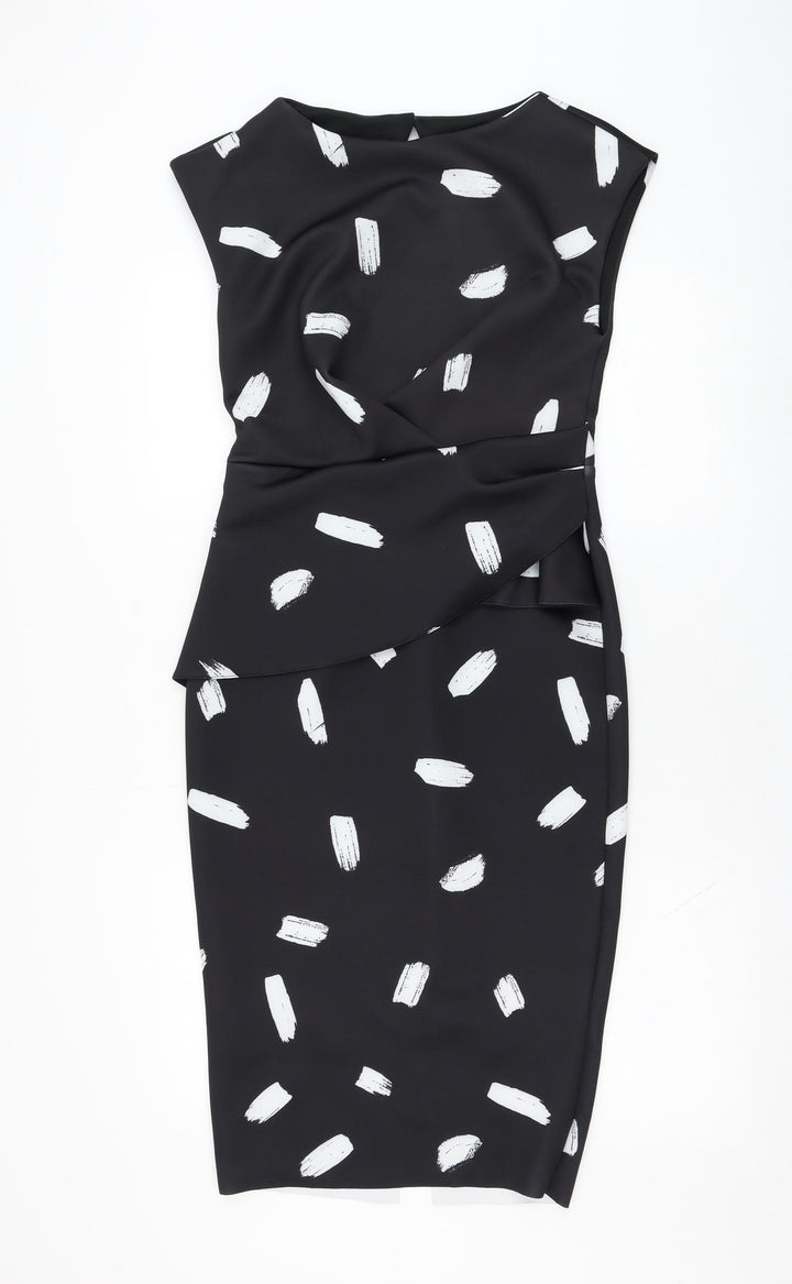 River Island Womens Black Geometric Polyester Pencil Dress  Size 8  Round Neck Zip