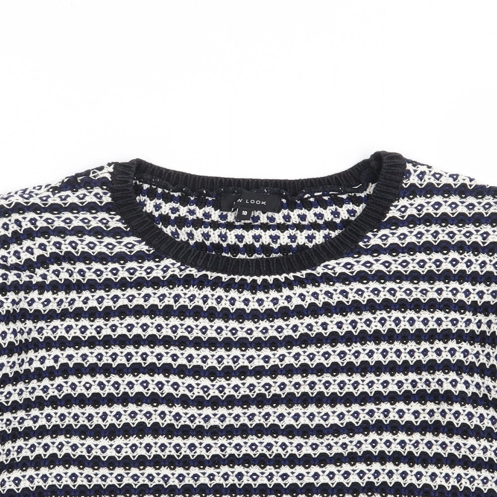 New Look Womens Blue Crew Neck Striped 100% Cotton Pullover Jumper Size 10