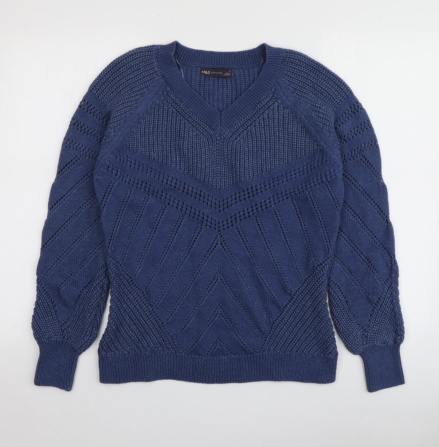 M&S Womens Blue V-Neck  Cotton Pullover Jumper Size S