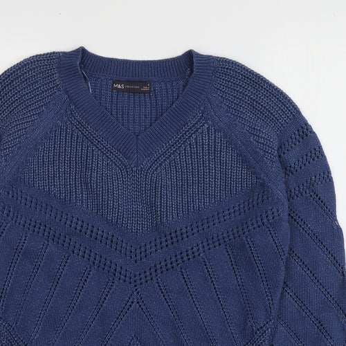 M&S Womens Blue V-Neck  Cotton Pullover Jumper Size S