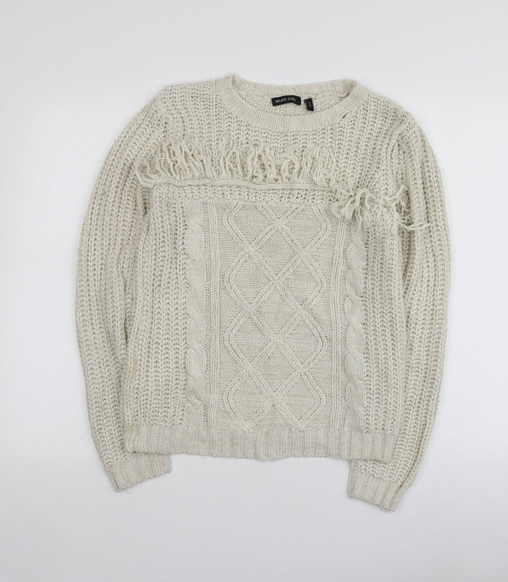 Brave Soul Womens Beige Round Neck  Acrylic Pullover Jumper Size S