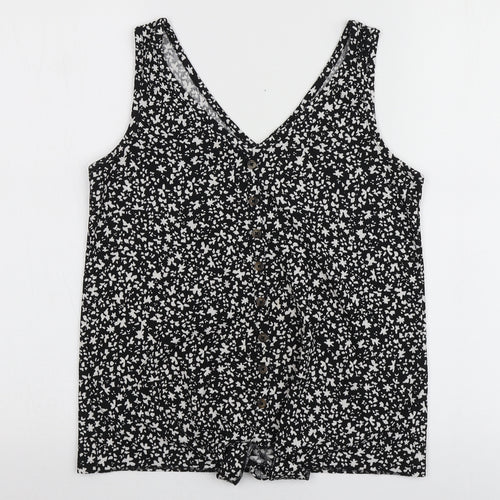 Dunnes Stores Womens Black Geometric Polyester Basic T-Shirt Size S V-Neck