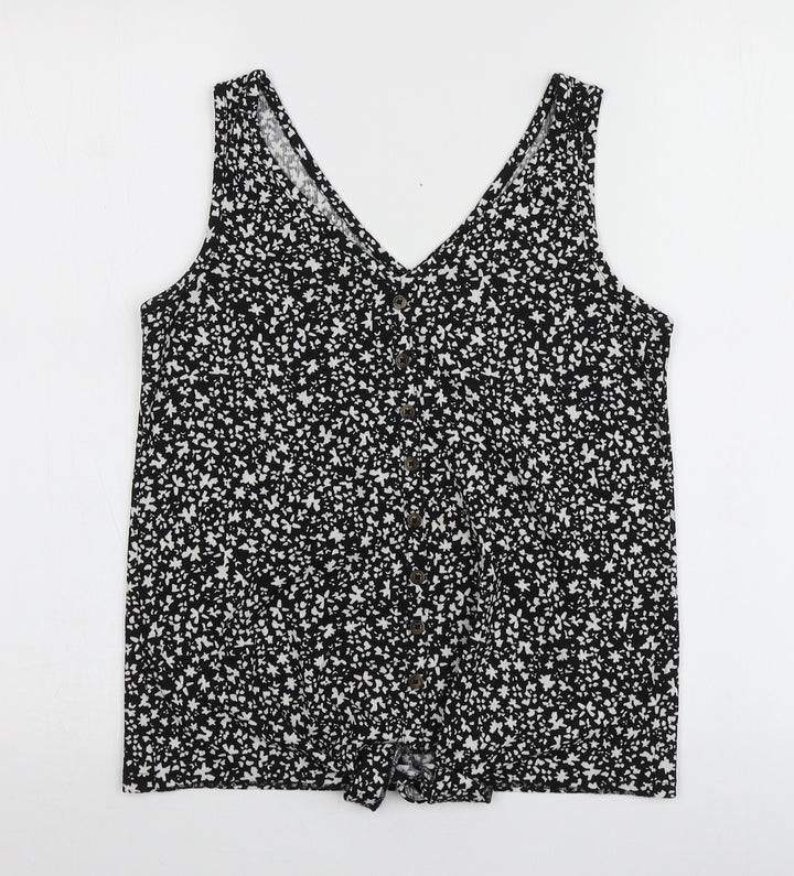 Dunnes Stores Womens Black Geometric Polyester Basic T-Shirt Size S V-Neck