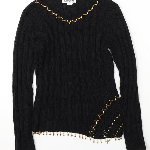 Elegant Womens Black Round Neck  Cotton Pullover Jumper Size M