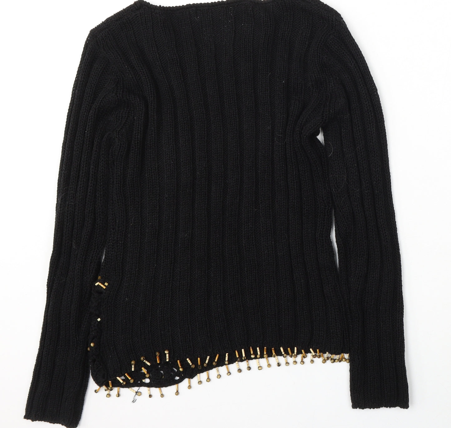 Elegant Womens Black Round Neck  Cotton Pullover Jumper Size M