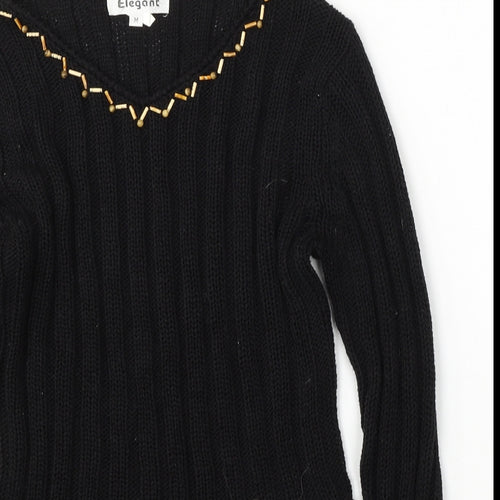 Elegant Womens Black Round Neck  Cotton Pullover Jumper Size M