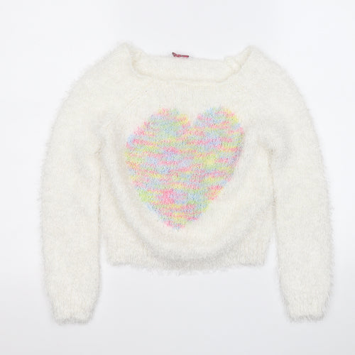 SOPHIE Girls White Round Neck  Polyester Pullover Jumper Size 12-13 Years   - Love Heart