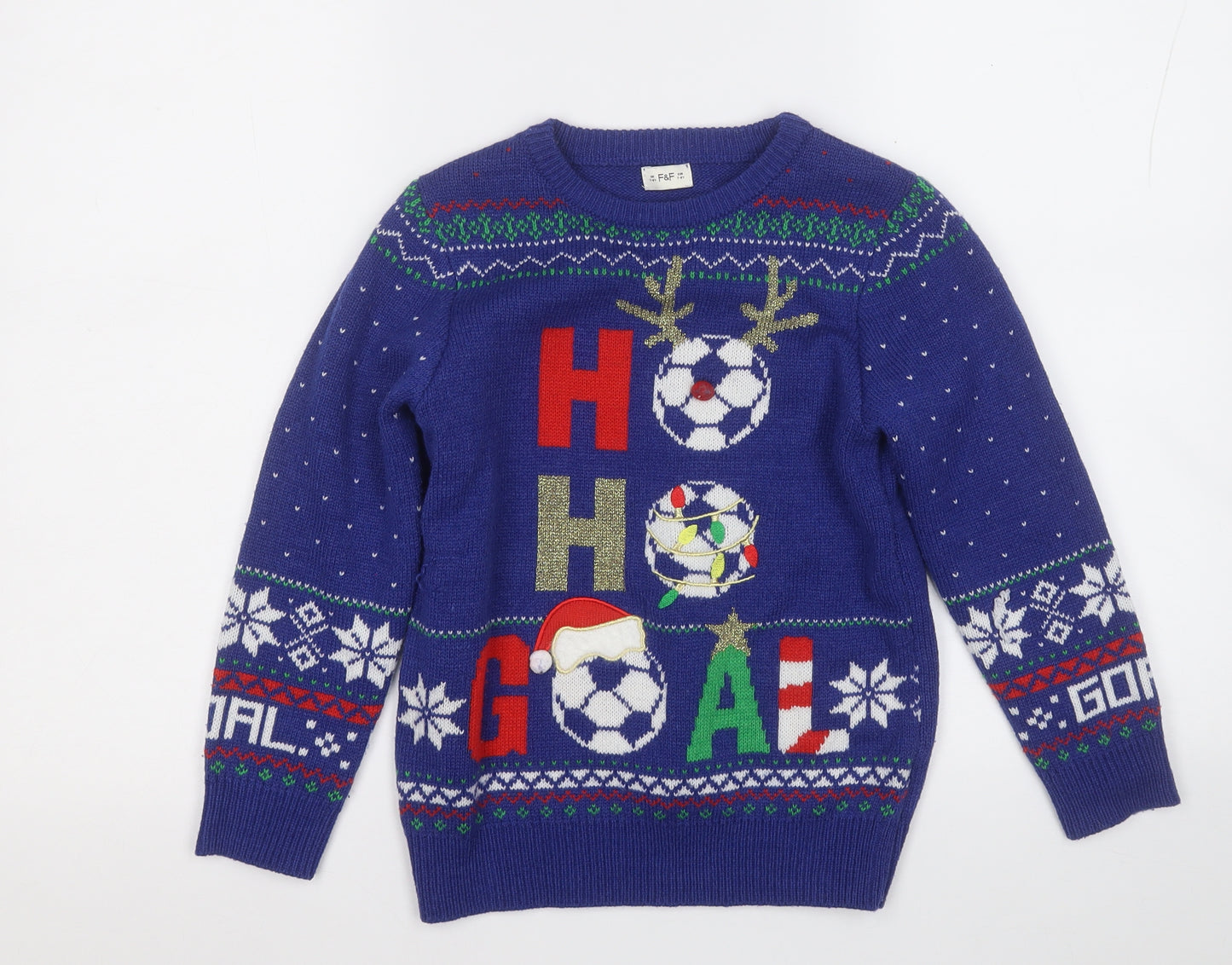F&F Boys Blue Round Neck  Polyester Pullover Jumper Size 7-8 Years   - Christmas JUMPER