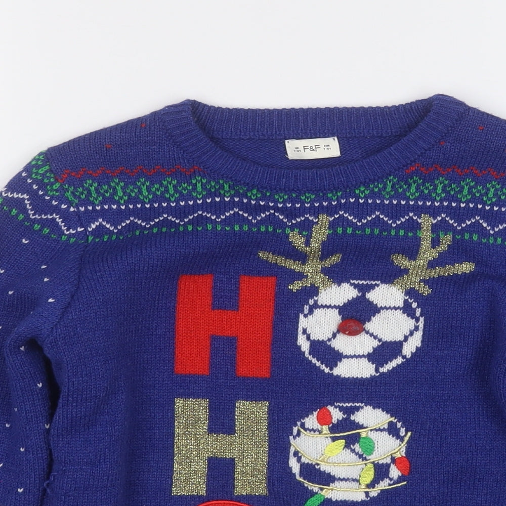 F&F Boys Blue Round Neck  Polyester Pullover Jumper Size 7-8 Years   - Christmas JUMPER