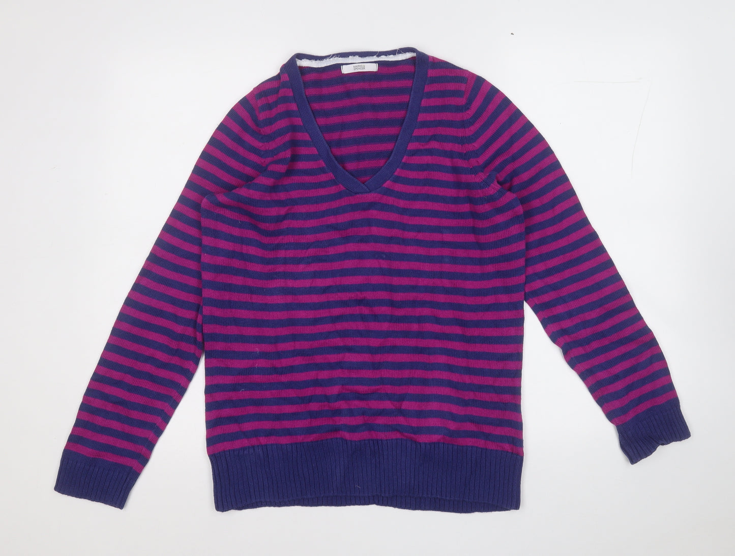 Marks and Spencer Womens Pink V-Neck Striped Cotton Pullover Jumper Size 18