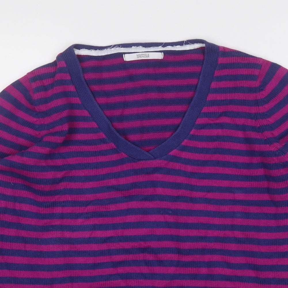 Marks and Spencer Womens Pink V-Neck Striped Cotton Pullover Jumper Size 18
