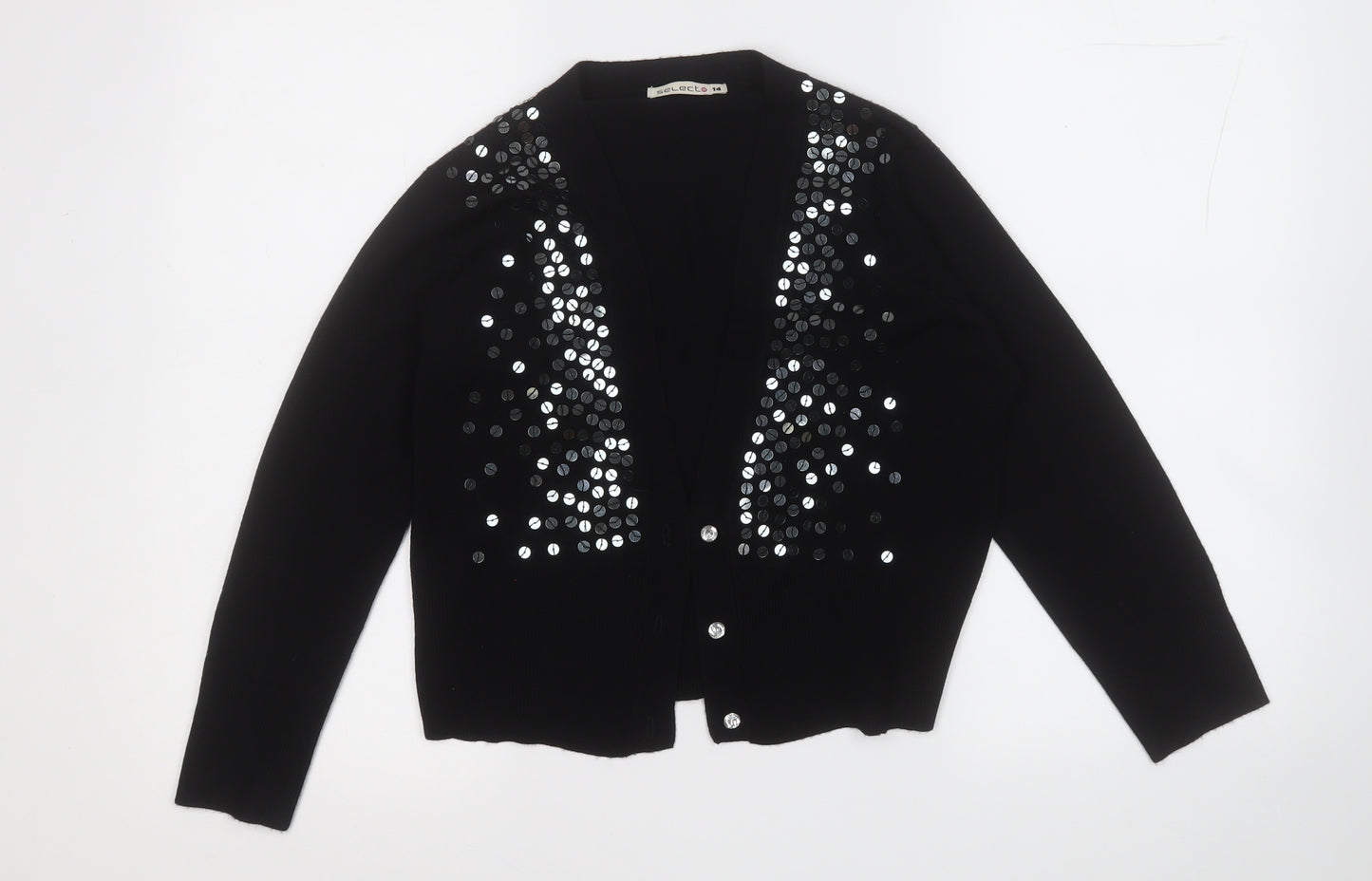 Select Womens Black Round Neck  Acrylic Cardigan Jumper Size 14