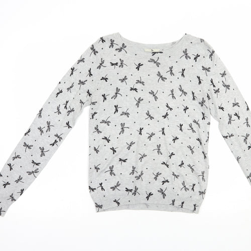 TU Womens Grey Boat Neck Geometric Viscose Pullover Jumper Size 8   - Dragonfly Print