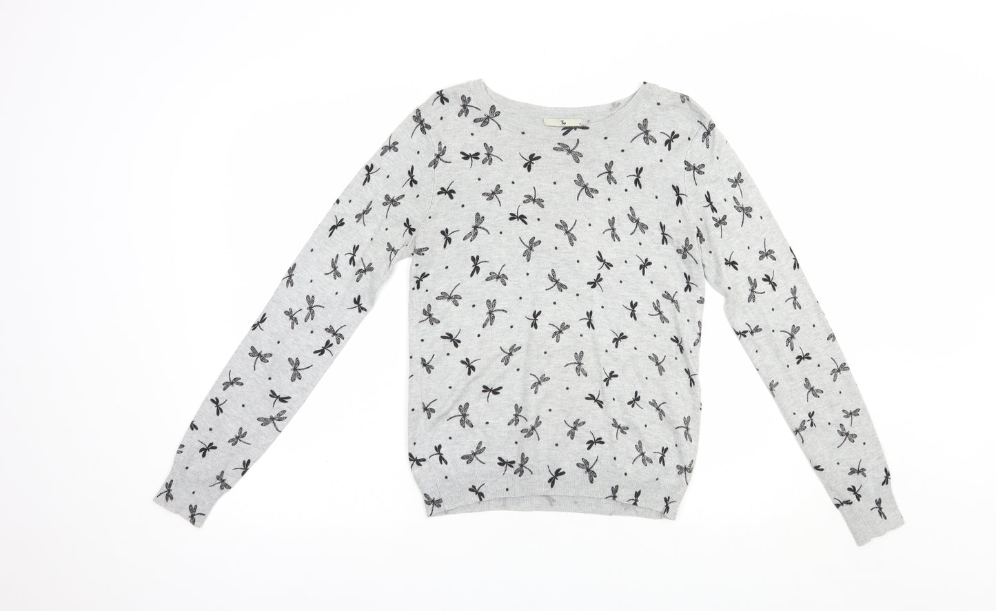 TU Womens Grey Boat Neck Geometric Viscose Pullover Jumper Size 8   - Dragonfly Print