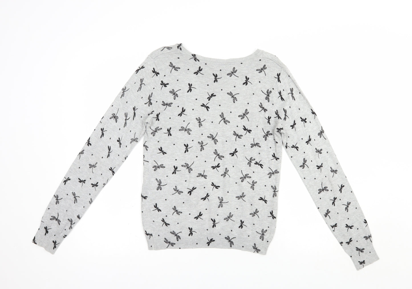 TU Womens Grey Boat Neck Geometric Viscose Pullover Jumper Size 8   - Dragonfly Print