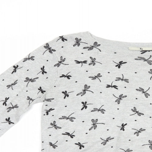 TU Womens Grey Boat Neck Geometric Viscose Pullover Jumper Size 8   - Dragonfly Print