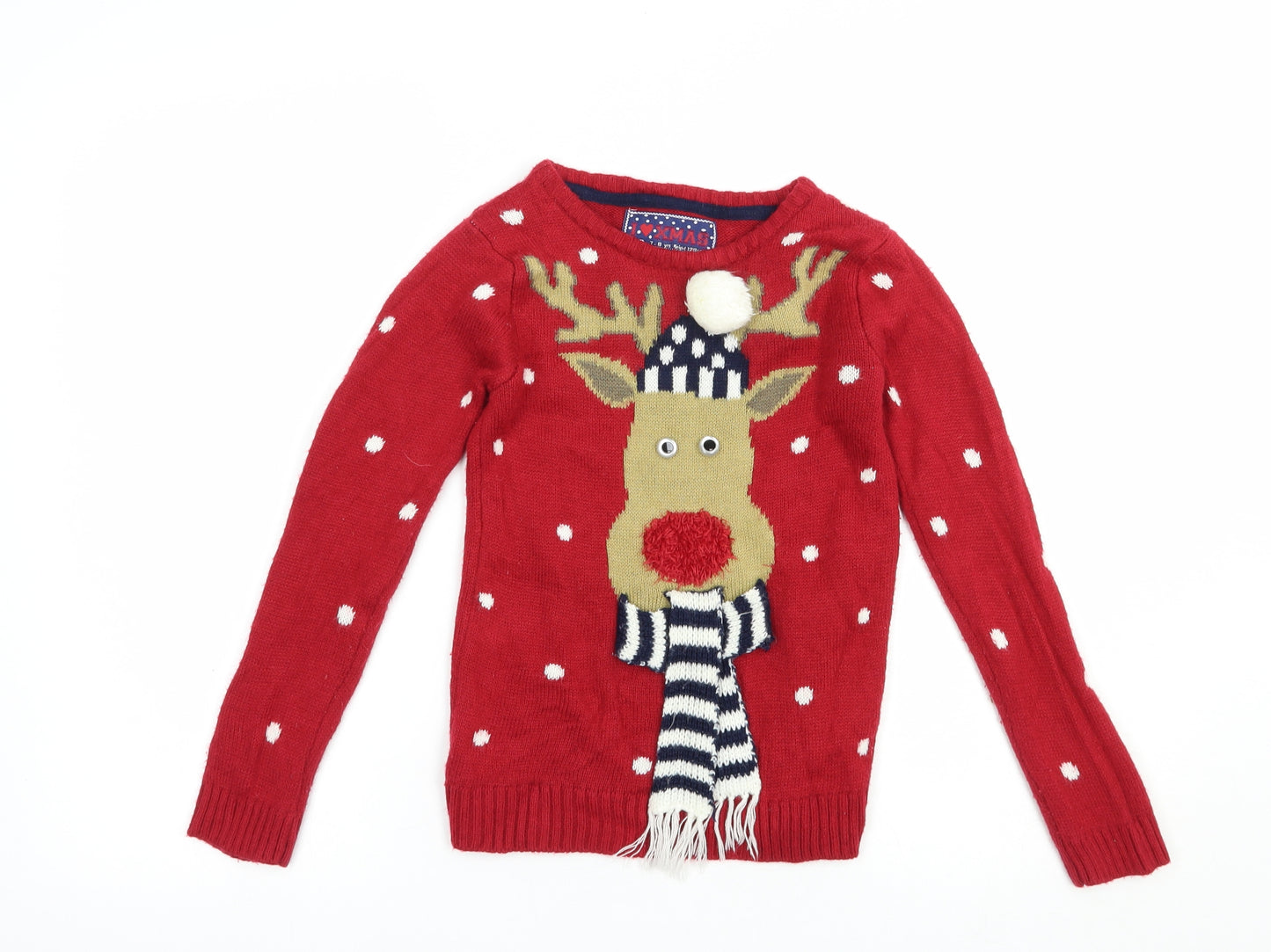 Primark Girls Red Crew Neck Polka Dot Acrylic Pullover Jumper Size 7-8 Years  Pullover - Rudolph Christmas