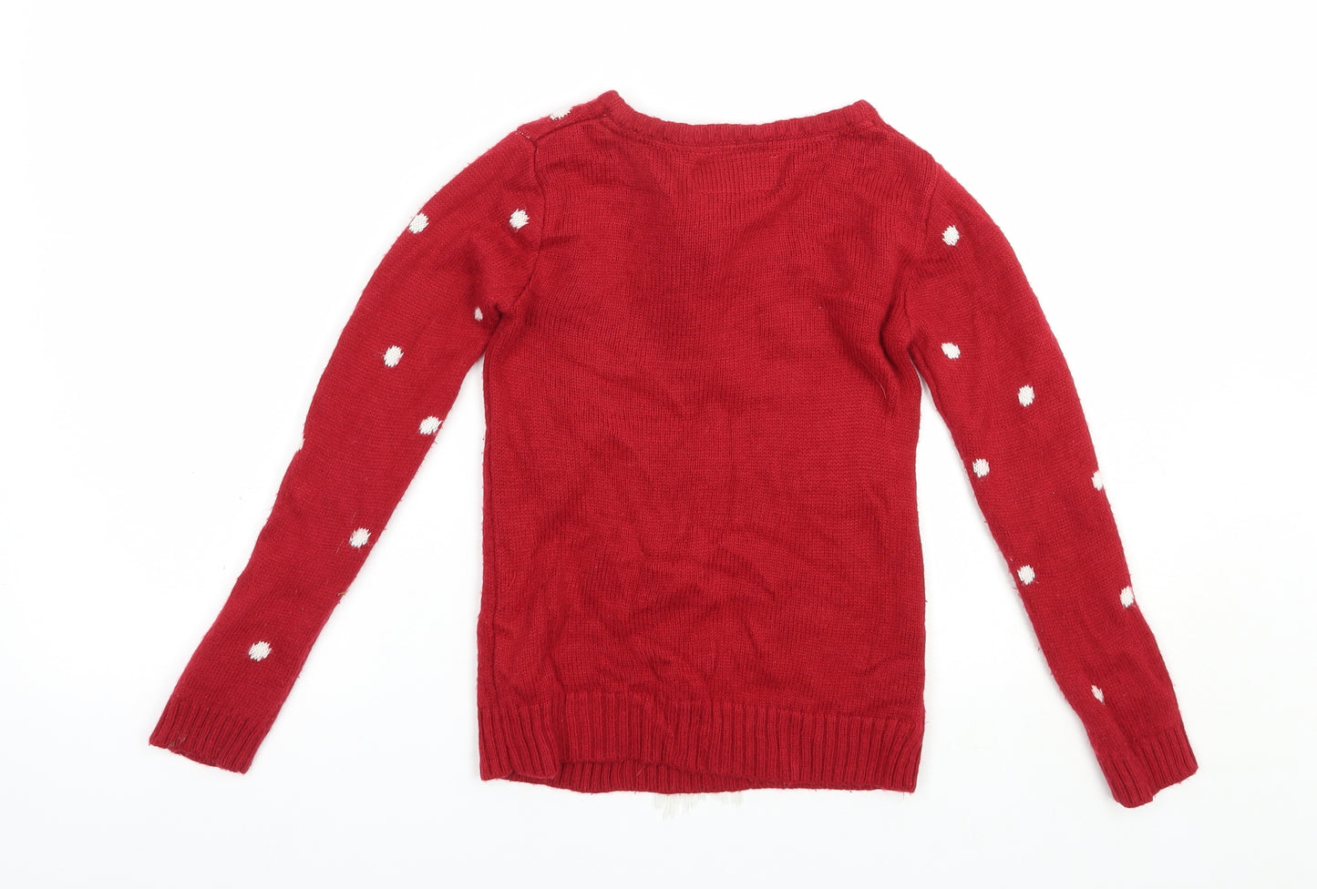 Primark Girls Red Crew Neck Polka Dot Acrylic Pullover Jumper Size 7-8 Years  Pullover - Rudolph Christmas
