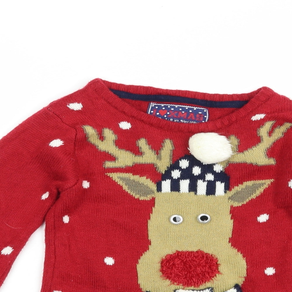 Primark Girls Red Crew Neck Polka Dot Acrylic Pullover Jumper Size 7-8 Years  Pullover - Rudolph Christmas