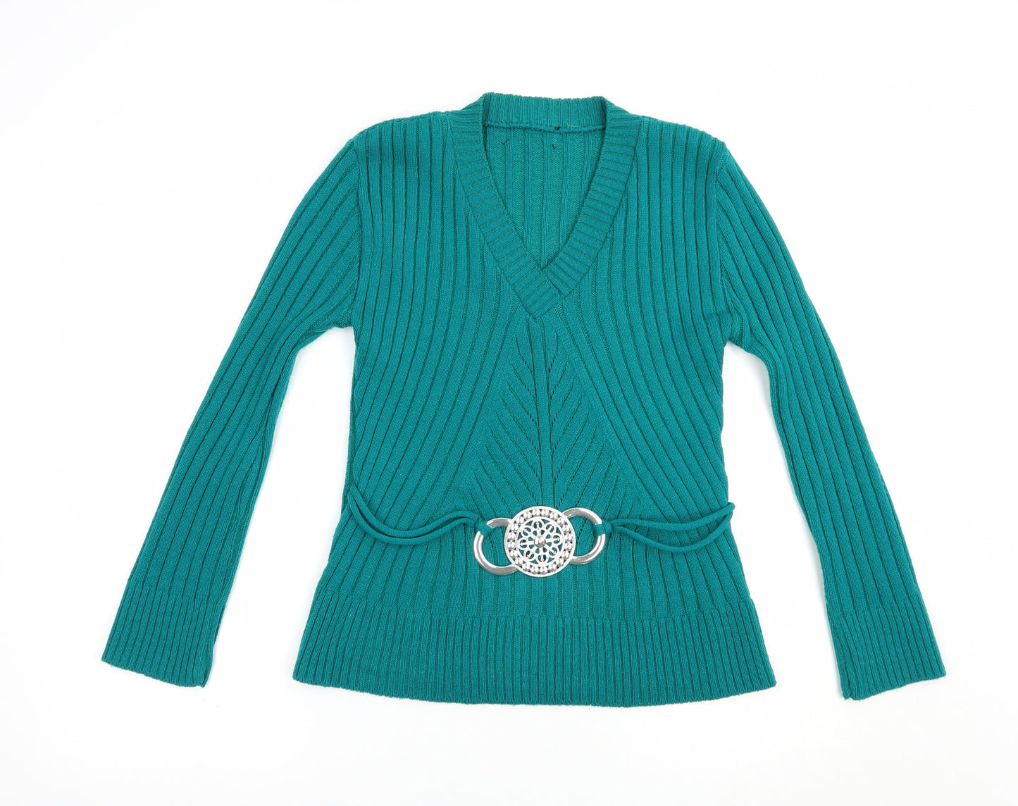 Preworn Womens Green V-Neck  Acrylic Pullover Jumper Size M   - Buckle