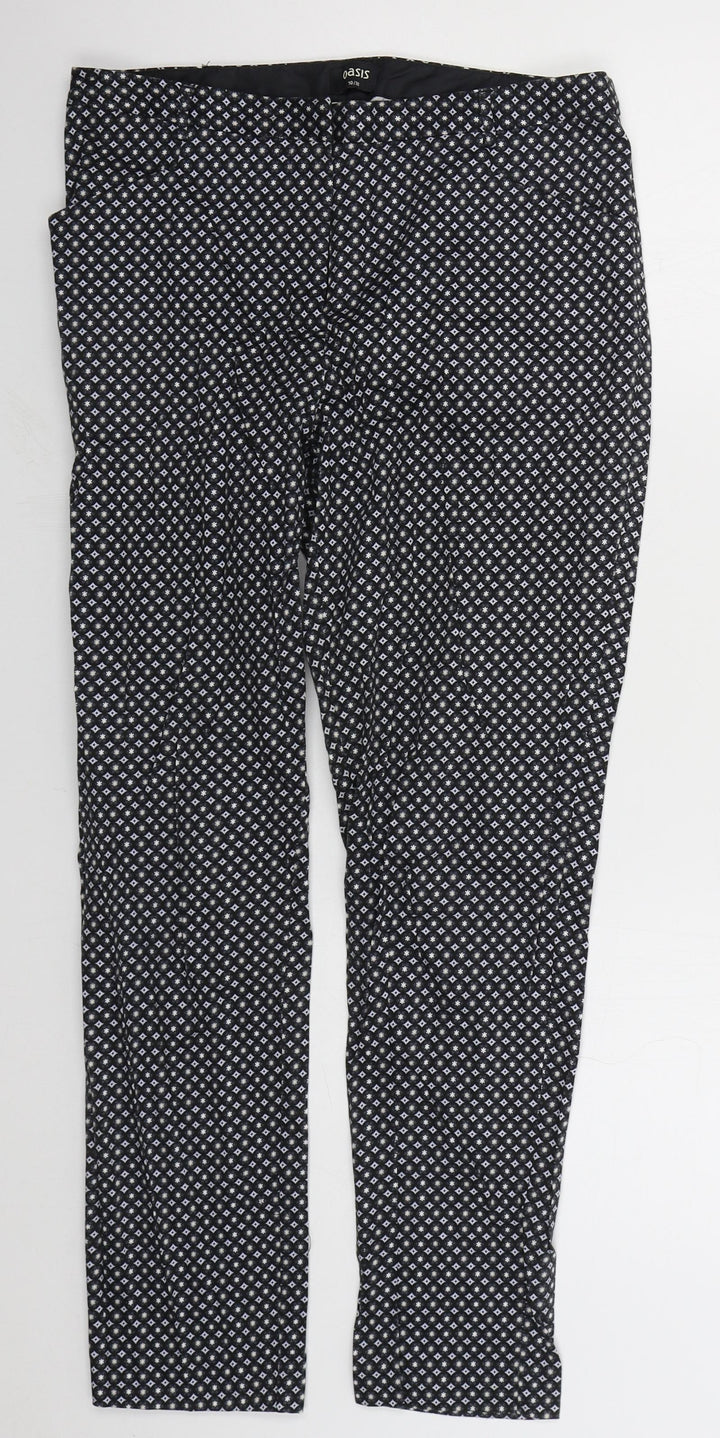 Oasis Womens Grey Geometric Cotton Trousers Size 10 L26 in Regular Hook & Eye