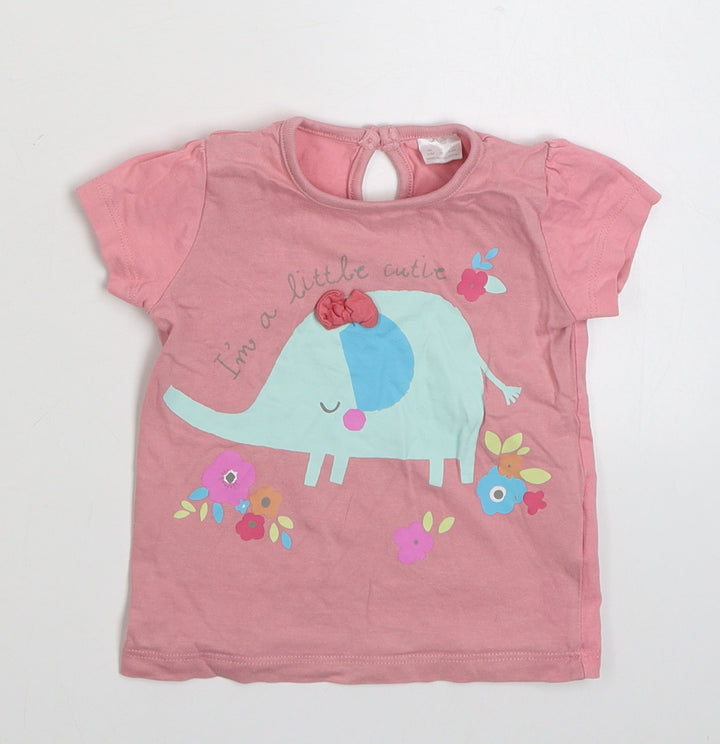 F&F Girls Pink  100% Cotton Basic T-Shirt Size 6-9 Months Round Neck Button
