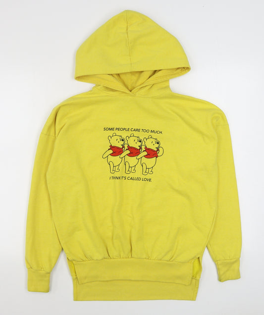 Front view of Primark women’s yellow cotton pullover hoodie, size XS, pullover