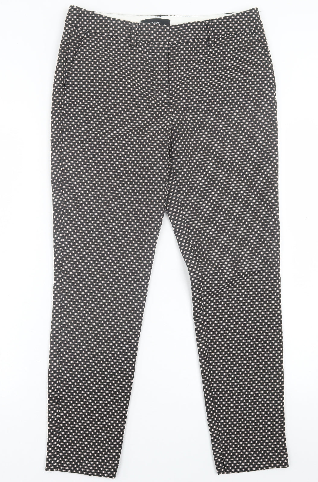 NEXT Womens Black Geometric Polyester Trousers  Size 10 L26 in Regular Hook & Eye