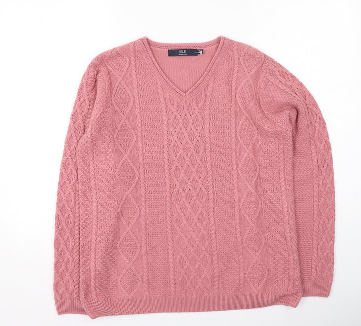 isle Womens Pink V-Neck Acrylic Pullover Jumper Size M