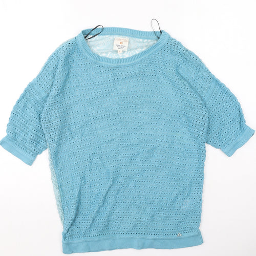 Again Womens Blue Round Neck  Cotton Pullover Jumper Size L