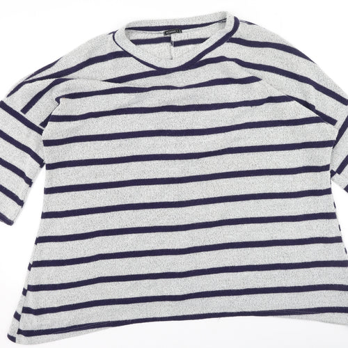 Roman Womens Grey Round Neck Striped Polyester Pullover Jumper Size L