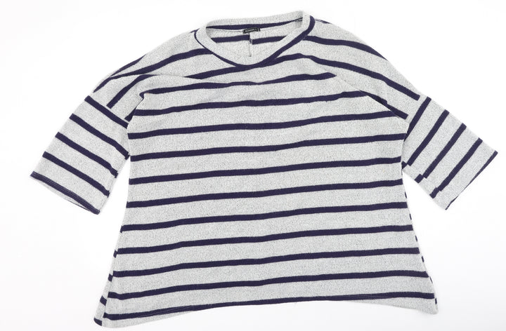 Roman Womens Grey Round Neck Striped Polyester Pullover Jumper Size L