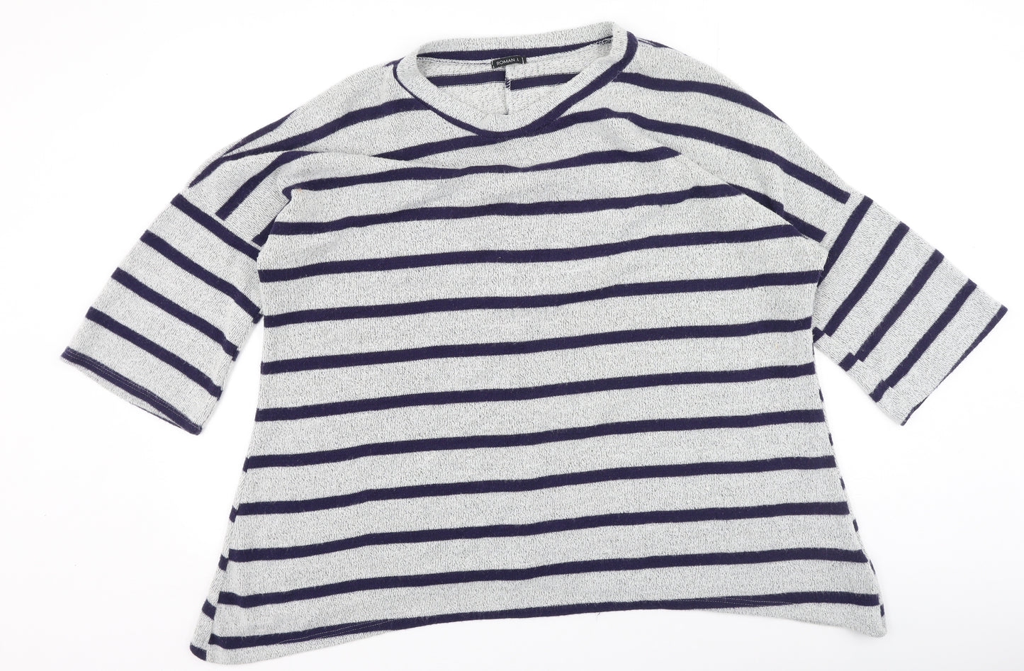 Roman Womens Grey Round Neck Striped Polyester Pullover Jumper Size L