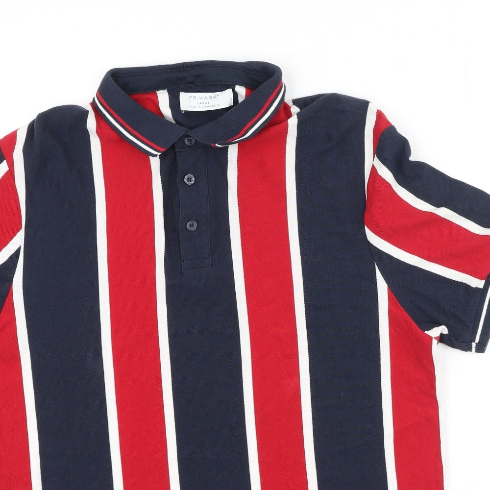 Primark Mens Red Striped Cotton  Polo Size L Collared